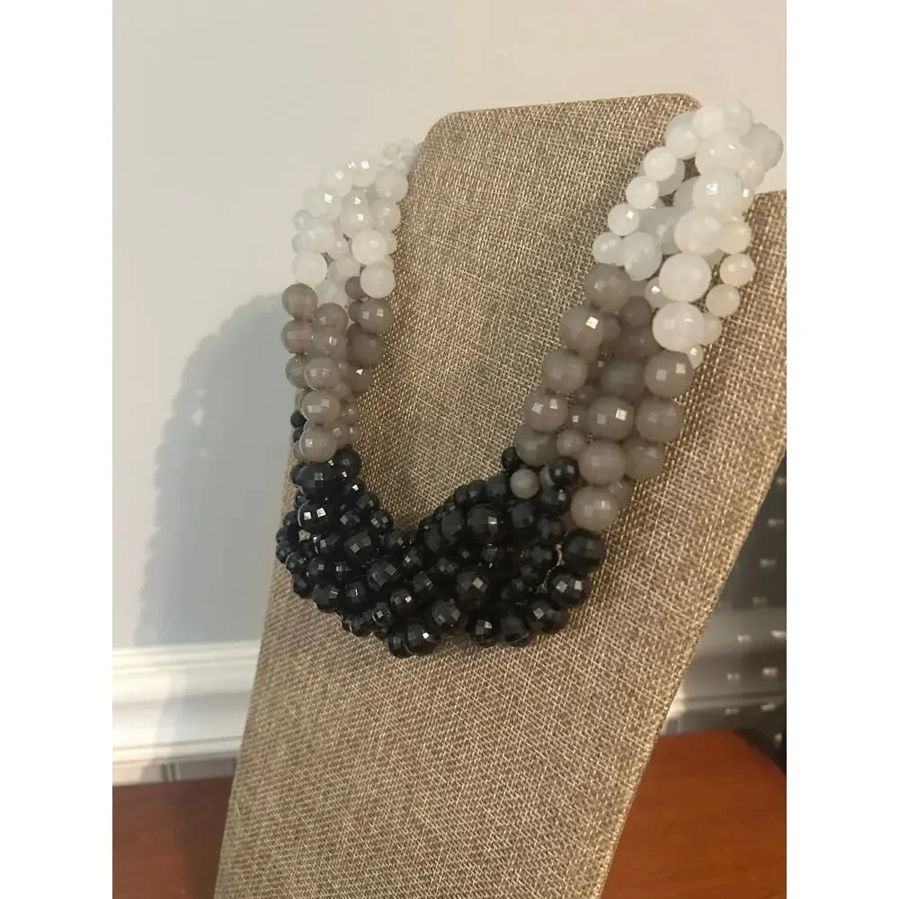 Multi Strand Ombre Bead Necklace Black Gray White Gradient Statement 18 Inch